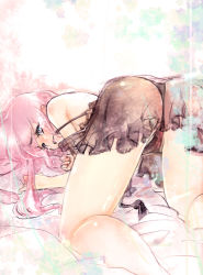 Rule 34 | 1girl, ass, bad id, bad pixiv id, black panties, chemise, lingerie, long hair, matoki misa, megurine luka, off shoulder, open mouth, panties, pink hair, see-through, solo, strap slip, thong, top-down bottom-up, underwear, vocaloid