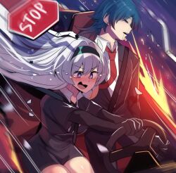 Rule 34 | 1boy, 1girl, :d, absurdres, black gloves, black hairband, black jacket, black pants, black shirt, black shorts, blade (honkai: star rail), blue hair, blush, car, closed eyes, commentary, crying, crying with eyes open, driving, elbow gloves, firefly (honkai: star rail), gloves, hairband, highres, hinghoi, honkai: star rail, honkai (series), jacket, long hair, motor vehicle, necktie, open mouth, pants, purple eyes, red necktie, road sign, shirt, shorts, sign, sitting, smile, stop sign, tears, thighs, very long hair, white hair