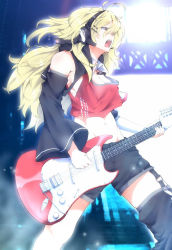 Rule 34 | 1girl, ahoge, asymmetrical legwear, asymmetrical sleeves, black shorts, black sleeves, blonde hair, bloom, breasts, commentary, concert, crop top, detached sleeves, electric guitar, feet out of frame, from side, guitar, headset, instrument, long hair, medium breasts, music, playing instrument, red shirt, shigure1213, shirt, shorts, solo, steel beam, tsurumaki maki, uneven legwear, uneven sleeves, voiceroid, yellow eyes