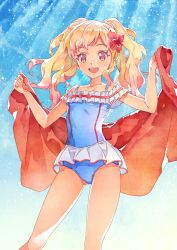 Rule 34 | 1girl, aikatsu! (series), aikatsu stars!, blonde hair, blue sky, bow, brown eyes, casual one-piece swimsuit, collarbone, commentary request, eyelashes, gradient hair, hair bow, highres, holding, holding towel, katou akatsuki, looking at viewer, multicolored hair, nijino yume, one-piece swimsuit, open mouth, sky, smile, solo, standing, sunlight, swimsuit, towel, twintails