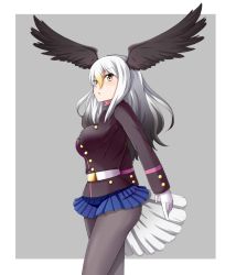 Rule 34 | 10s, 1girl, bald eagle (kemono friends), belt, gloves, head wings, highres, jacket, kemono friends, military, military jacket, military uniform, miniskirt, mono (mono60), multicolored hair, pantyhose, simple background, skirt, two-tone hair, uniform, white gloves, white hair, wings, yellow eyes