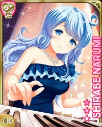 Rule 34 | 1-bare shoulder, 1girl, blue dress, blue eyes, blue hair, card (medium), character name, closed mouth, concert, dress, evening gown, girlfriend (kari), indoors, instrument, jewelry, long hair, matching hair/eyes, necklace, night, official art, piano, pink background, qp:flapper, shirabe narumi, shirt, sitting, skirt, smile, solo, sparkle, tagme