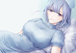 1girl bed bed_sheet blue_dress blush breasts dress eyebrows_hidden_by_hair filha girls&#039;_frontline grey_hair hat highres indoors looking_at_viewer lying nurse nurse_cap on_bed purple_eyes rpk-16_(girls&#039;_frontline) short_dress smile solo