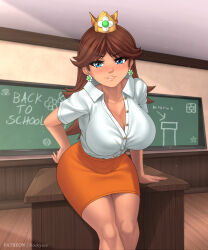 Rule 34 | 1girl, artist name, blue eyes, blush, breasts, brown hair, chalkboard, classroom, cleavage, crown, curvy, desk, earrings, hand on own hip, highres, jewelry, large breasts, leaning forward, long hair, mario (series), nintendo, pencil skirt, princess daisy, rocky-ace, skirt, smile, super mario land, teacher, thick thighs, thighs, warp pipe