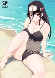 Rule 34 | 1girl, alternate breast size, arm support, artist logo, artist name, barefoot, beach, black hair, black one-piece swimsuit, breasts, brown eyes, cleavage, closed mouth, collarbone, covered navel, day, feet, foot out of frame, hair between eyes, highres, kaos art, knee up, large breasts, long hair, looking at viewer, morag ladair (obligatory leave) (xenoblade), morag ladair (xenoblade), one-piece swimsuit, outdoors, paid reward available, see-through, see-through one-piece swimsuit, sidelocks, swimsuit, thighs, toenails, toes, visor cap, xenoblade chronicles (series), xenoblade chronicles 2