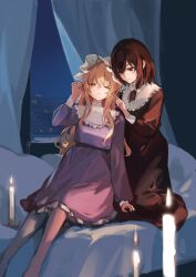 2girls aliaos bed black_dress blonde_hair brown_eyes brown_hair candle commentary_request dress frilled_dress frills hat highres indoors long_hair long_sleeves maribel_hearn mob_cap multiple_girls no_headwear purple_dress touhou usami_renko very_long_hair white_hat yellow_eyes