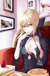 Rule 34 | 1girl, absurdres, artoria pendragon (all), artoria pendragon (fate), bare shoulders, black dress, black gloves, blonde hair, braid, breasts, cake, cleavage, csc00014, dress, eating, fate/grand order, fate/stay night, fate (series), food, gloves, hair between eyes, hair ribbon, highres, looking at viewer, medium breasts, ribbon, saber alter, short hair, sitting, solo, yellow eyes