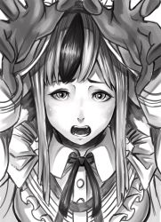 Rule 34 | 10s, 1girl, 2017, absurdres, buttons, collared shirt, eyebrows, fangs, female focus, fire emblem, fire emblem fates, gesture, gloves, goofy matsuda, greyscale, highres, hood, long sleeves, looking at viewer, monochrome, multicolored hair, nintendo, open mouth, pov, shirt, solo, teeth, tongue, two-tone hair, velouria (fire emblem)