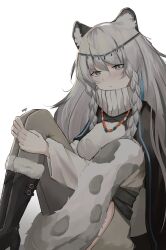 Rule 34 | 1girl, absurdres, animal ear fluff, animal ears, arknights, black footwear, blush, boots, braid, breasts, closed mouth, commentary request, dress, eroborne, fur-trimmed boots, fur trim, gradient background, grey background, grey eyes, grey hair, grey thighhighs, hair between eyes, highres, hugging own legs, knees up, leopard ears, leopard girl, leopard tail, long hair, long sleeves, looking at viewer, medium breasts, pramanix (arknights), signature, solo, tail, thighhighs, thighhighs under boots, turtleneck, turtleneck dress, very long hair, white background, white dress, wide sleeves