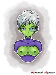 Rule 34 | 1girl, absurdres, blue eyes, bodysuit, breasts, breasts out, cheelai, colored skin, dragon ball, dragon ball super, earrings, green skin, highres, jewelry, magnitudor, necklace, nipple piercing, pearl necklace, piercing, purple eyes, scarf, scouter, torn clothes, upper body, white hair