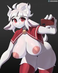 Rule 34 | 1girl, 2023, absurdres, alternate species, animal ears, ass, bell, bent over, blush, bovid humanoid, breasts, breasts out, cape, cellphone, collar, cooliehigh, cosplay, crossover, cult of the lamb, demon, female focus, furry, goat, goat ears, goat girl, goat horns, hair bun, helltaker, helltaker lucifer, highres, holding, holding phone, horns, lucifer (helltaker), markings, neck bell, nipples, phone, red eyes, red stockings, simple background, smartphone, smile, solo, tail, talking on phone, the lamb (cult of the lamb), thick thighs, thighs, white fur