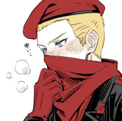Rule 34 | beret, blonde hair, blue eyes, blush, covering own mouth, gloves, hat, male focus, metal gear (series), metal gear solid 3: snake eater, noriuma, red gloves, revolver ocelot, solo