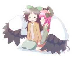 Rule 34 | animal ears, bow, braid, cape, cardigan, cat ears, drawfag, extra tails, feathers, green skirt, green sweater, holding hands, jewelry, kaenbyou rin, kneeling, necklace, nekomata, off-shoulder sweater, off shoulder, open mouth, red skirt, reiuji utsuho, shadow, skirt, smile, sweater, touhou, wing hug, wings, yogurtm