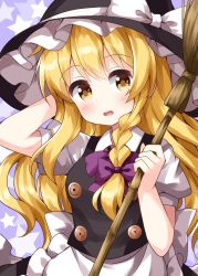 Rule 34 | 1girl, apron, arm behind head, arm up, black dress, black hat, blonde hair, blush, bow, bowtie, braid, breasts, broom, buttons, dress, frills, hair between eyes, hair bow, hands up, hat, hat bow, highres, kirisame marisa, long hair, looking to the side, medium breasts, one-hour drawing challenge, open mouth, puffy short sleeves, puffy sleeves, purple background, purple bow, purple bowtie, ruu (tksymkw), shirt, short sleeves, single braid, smile, solo, star (symbol), starry background, touhou, white apron, white bow, white shirt, white sleeves, witch hat, yellow eyes