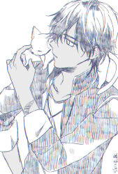 Rule 34 | 1boy, cat, chromatic aberration, collarbone, dark-skinned male, dark skin, hand on own hip, hatching (texture), jacket, jewelry, linear hatching, looking at another, male focus, monochrome, necklace, ookurikara, open clothes, open jacket, parted lips, sasasaki, simple background, sitting on shoulder, standing, touken ranbu, twitter username, upper body, white background