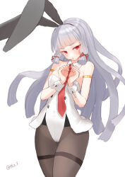 Rule 34 | 1girl, adapted costume, animal ears, black pantyhose, breasts, commentary request, cowboy shot, detached collar, grey hair, hair ribbon, kantai collection, leotard, long hair, murakumo (kancolle), necktie, pantyhose, playboy bunny, rabbit ears, red eyes, red necktie, ribbon, sidelocks, simple background, small breasts, solo, strapless, strapless leotard, tetsukuzu (yajirushi shita), thighband pantyhose, tress ribbon, white background, white leotard, wrist cuffs
