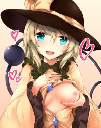 Rule 34 | 1girl, aqua eyes, black hat, bow, breasts, commentary request, grabbing own breast, gradient background, green hair, hair between eyes, hat, hat bow, heart, highres, komeiji koishi, long sleeves, looking at viewer, medium breasts, midori (misuriru8), nipples, one breast out, shirt, smile, solo, teeth, third eye, touhou, upper body, wide sleeves, yellow bow, yellow shirt