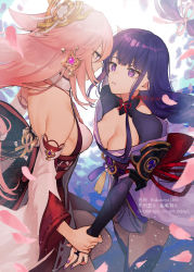 Rule 34 | 2girls, bad id, bad pixiv id, bare shoulders, black bodysuit, bodysuit, breasts, cleavage, closed mouth, commentary request, cowboy shot, dated, dress, eye contact, falling petals, from side, genshin impact, highres, holding hands, japanese clothes, kimono, large breasts, long hair, looking at another, multiple girls, nail polish, ojo aa, parted lips, petals, pink hair, purple eyes, purple hair, purple kimono, purple nails, raiden shogun, red dress, signature, vision (genshin impact), watermark, yae miko, yuri
