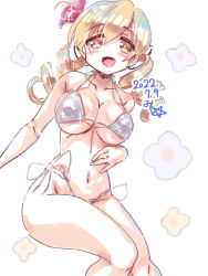 Rule 34 | 10s, 1girl, artist name, bikini, blonde hair, blush, breasts, cleavage, collarbone, dated, drill hair, floral background, flower, hair flower, hair ornament, highleg, large breasts, long hair, looking at viewer, mahou shoujo madoka magica, miuku (marine sapphire), navel, side-tie bikini bottom, smile, solo, strap gap, swimsuit, thong, tomoe mami, twin drills, twintails, underboob, yellow eyes