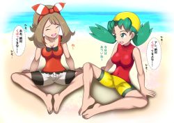 Rule 34 | 2girls, alternate breast size, alternate costume, arm support, ass, bandana, bare shoulders, barefoot, beach, bike shorts, bike shorts under shorts, blue eyes, blue hair, blush, breasts, brown hair, cameltoe, closed eyes, collarbone, covered erect nipples, creatures (company), eyelashes, flipped hair, game freak, hair ornament, impossible clothes, impossible shirt, knees apart feet together, kohatsuka, kris (pokemon), large breasts, legs, looking at another, may (pokemon), multiple girls, nintendo, open mouth, perky breasts, pokemon, pokemon gsc, pokemon oras, puffy nipples, sand, shirt, shore, shorts, skin tight, sleeveless, sleeveless shirt, smile, spread legs, teeth, thighs, toenails, toes, tongue, twintails, upper teeth only