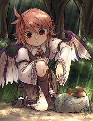 Rule 34 | 1girl, :/, absurdres, bird wings, brown socks, coin, feathered wings, forest, frills, highres, holding, holding coin, juliet sleeves, kneehighs, kusiyan, light rays, long sleeves, looking down, moneybag, mystia lorelei, nature, no headwear, no headwear, on one knee, outdoors, puffy sleeves, socks, solo, touhou, tree, wide sleeves, wings