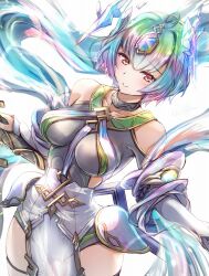 Rule 34 | 1girl, ahoge, bare shoulders, breasts, cameltoe, clear glass (mildmild1311), fire emblem, fire emblem heroes, floating, floating object, gradient clothes, green hair, highres, intelligent systems, jewelry, medium breasts, multicolored hair, nintendo, open pants, pants, seidr (fire emblem), simple background, skindentation, smile, solo, thick thighs, thighs, white background, yellow eyes