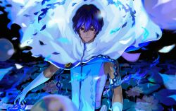 1boy absurdres arjuna_(fate) armlet black_eyes cloak dark-skinned_male dark_skin fate/grand_order fate_(series) flower gloves hair_between_eyes highres jewelry lily_pad looking_at_viewer male_focus purple_hair shirt short_hair smile snorc21 solo upper_body white_cloak white_gloves