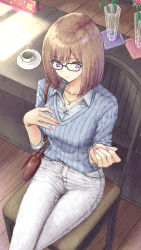 Rule 34 | 1girl, aramachi, bag, blue shirt, brown hair, coaster, collarbone, collared shirt, crossed legs, cup, denim, flower, from above, glasses, handbag, highres, indoors, jewelry, light smile, medium hair, nail polish, necklace, original, pink flower, pink rose, plate, purple eyes, ribbed shirt, rose, shirt, sitting, sleeves rolled up, solo, striped clothes, striped shirt, sunlight, table, teacup, vase, water, wooden floor