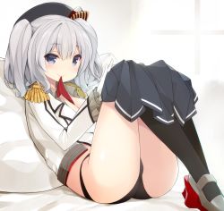 Rule 34 | 10s, 1girl, bad id, bad twitter id, beret, black socks, black panties, blue eyes, breasts, cleavage, clothes pull, epaulettes, frilled sleeves, frills, gloves, hat, kantai collection, kashima (kancolle), kerchief, kneehighs, looking at viewer, military, military uniform, mouth hold, panties, pillow, silver hair, sitting, skirt, skirt pull, smile, socks, solo, twintails, underwear, uniform, watanon (gakushokutei), wavy hair, white gloves