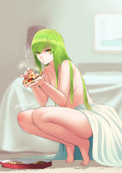 Rule 34 | 1girl, absurdres, barefoot, bed, blanket, blurry, blurry background, c.c., cheese trail, code geass, commentary request, completely nude, depth of field, eating, expressionless, food, full body, green hair, highres, holding, holding food, indoors, long hair, looking at viewer, nude, pizza, pizza box, pizza slice, revision, sawasa, signature, solo, squatting, straight hair, translated, very long hair, yellow eyes