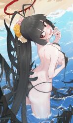 Rule 34 | 1girl, antenna hair, beach, bikini, black bikini, black hair, black wings, blue archive, blush, breasts, halo, highres, hjrh5727, large breasts, long hair, low wings, ocean, open mouth, partially submerged, red eyes, red halo, solo, swimsuit, tsurugi (blue archive), very long hair, wavy mouth, wings