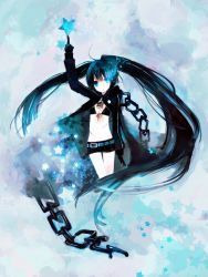 Rule 34 | 10s, 1girl, bad id, bad pixiv id, belt, bikini, bikini top only, black hair, black rock shooter, black rock shooter (character), blue eyes, blue theme, chain, coat, flat chest, glowing, glowing eyes, highres, kashiwaba hisano, long hair, midriff, navel, pale skin, scar, shorts, solo, star (symbol), swimsuit, twintails, uneven twintails, very long hair