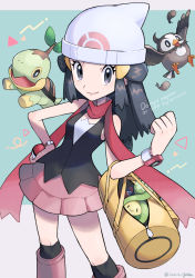 Rule 34 | 1girl, beanie, black shirt, boots, bracelet, budew, clenched hand, closed mouth, commentary request, creatures (company), dawn (pokemon), eyelashes, game freak, gen 4 pokemon, grey eyes, hand up, hat, heart, holding, holding poke ball, janis (hainegom), jewelry, knees, long hair, looking at viewer, nintendo, over-kneehighs, poke ball, poke ball (basic), pokemon, pokemon (creature), pokemon dppt, red scarf, scarf, shirt, skirt, sleeveless, sleeveless shirt, smile, starly, thighhighs, turtwig, white headwear