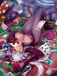 Rule 34 | 1girl, absurdres, animal hands, bow, breasts, card, casino, claws, cleavage cutout, clothing cutout, covered erect nipples, dark-skinned female, dark skin, dragon girl, extra mouth, extra tongue, floating card, full body, hat, hat bow, highres, horns, jabberwock (monster girl encyclopedia), jing li, light smile, lipstick, long hair, looking at viewer, lying, makeup, monster girl, monster girl encyclopedia, multicolored hair, on back, on table, playing card, poker chip, purple hair, purple lips, red eyes, roulette table, silver hair, slit pupils, smile, solo, streaked hair, table, teeth, tentacles, tongue, top hat, two-tone hair, wings