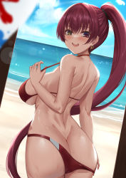 Rule 34 | 1girl, absurdres, ass, back, bare shoulders, beach, bikini, bikini pull, breasts, butt crack, clothes pull, cowboy shot, dithering, earrings, from behind, heterochromia, highres, hololive, houshou marine, houshou marine (summer), huge ass, jewelry, kooribata, kuutamo, large breasts, long hair, looking at viewer, looking back, ocean, open mouth, photo (object), ponytail, pulled by self, red bikini, red eyes, red hair, shoulder blades, sideboob, sky, smile, strap gap, strap pull, swimsuit, very long hair, virtual youtuber, y shaped butt crack, yellow eyes