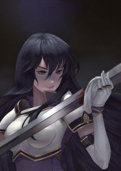 Rule 34 | 1girl, absurdres, armor, ayra (fire emblem), aztodeus, aztodio, black hair, blood, bloody weapon, breastplate, breasts, cleaning, cleaning weapon, earrings, fire emblem, fire emblem: genealogy of the holy war, fire emblem heroes, gloves, highres, jewelry, long hair, nintendo, purple eyes, solo, sword, weapon
