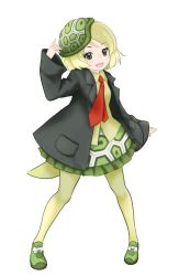 Rule 34 | 10s, 1girl, :d, black jacket, blonde hair, frilled skirt, frills, full body, green eyes, green shirt, hat, ise (0425), jacket, kemono friends, legs apart, leopard tortoise (kemono friends), long sleeves, looking at viewer, necktie, open mouth, print skirt, red necktie, shirt, short hair, simple background, skirt, smile, solo, standing, tail, turtle shell, white background, wide sleeves