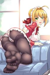 Rule 34 | 10s, 1girl, ahoge, alternate costume, apron, ass, bad id, bad pixiv id, black pantyhose, blonde hair, blush, breasts, crotch seam, dress, enmaided, fate/extra, fate (series), feet, green eyes, hair ribbon, looking at viewer, looking back, maid, maid headdress, medium breasts, nero claudius (fate), nero claudius (fate) (all), nero claudius (fate/extra), no shoes, open mouth, panties, pantyhose, ribbon, shirokuma a, smile, soles, solo, thighband pantyhose, toes, underwear, white panties, wrist cuffs