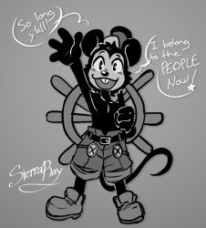 Rule 34 | 1920s (style), 1boy, animal ears, artist name, disney, english text, full body, greyscale, hat, male focus, mickey mouse, monochrome, mouse boy, mouse ears, mouse tail, parody, rockehbloo, ship&#039;s wheel, simple background, smile, solo, steamboat willie, tail, teeth, toon (style), upper teeth only