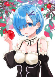 Rule 34 | 1girl, absurdres, apple, bad id, bad pixiv id, bare shoulders, black ribbon, black sleeves, blue eyes, blue hair, blush, breasts, cleavage, commentary request, detached sleeves, dress, food, frills, fruit, hair ornament, hair over one eye, highres, holding, holding food, holding fruit, looking at viewer, maid, medium breasts, mossan (mossan-777), open mouth, re:zero kara hajimeru isekai seikatsu, rem (re:zero), ribbon, short hair, solo, teeth, upper teeth only, white background, x hair ornament