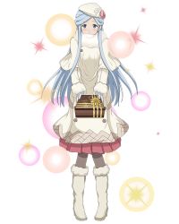 Rule 34 | 1girl, blue hair, blush, boots, box, brown pantyhose, capelet, coat, earrings, full body, gift, gift box, gloves, grey eyes, hat, high heel boots, high heels, holding, holding box, jewelry, knee boots, log horizon, long hair, looking at viewer, official art, pantyhose, pink skirt, pleated skirt, reinesia el arte cowen, scarf, skirt, smile, solo, standing, transparent background, very long hair, white capelet, white coat, white footwear, white gloves, white scarf, winter clothes, winter coat