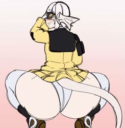 Rule 34 | 1girl, animated, animated gif, ass, ass shake, au ra, blush, dynamo heart, embarrassed, final fantasy, final fantasy xiv, from behind, glasses, huge ass, jiggle, looking at viewer, looking back, panties, pink background, short hair, solo, squatting, tail, thick thighs, thighhighs, thighs, twerking, underwear, white hair, white panties, white thighhighs, yellow eyes