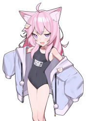 Rule 34 | 1girl, absurdres, ahoge, animal ears, armpits, black one-piece swimsuit, cat ears, cat girl, cowboy shot, hair ornament, hairpin, hashtag-only commentary, highres, indie virtual youtuber, jacket, long hair, nyatasha nyanners, one-piece swimsuit, open mouth, pink eyes, pink hair, saaal653, simple background, solo, swimsuit, white background
