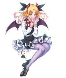 Rule 34 | 1girl, asahi, blonde hair, blush, bug, butterfly, character request, colored skin, demon girl, demon wings, dress, full body, highres, horns, insect, invisible chair, lilith-soft, pinafore dress, purple eyes, purple thighhighs, shiny skin, simple background, sitting, sleeveless dress, solo, tail, taimanin (series), taimanin asagi, taimanin rpgx, thighhighs, twintails, white background, white skin, wings