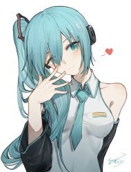 Rule 34 | 1girl, alternate hairstyle, aqua eyes, aqua hair, aqua necktie, arm behind back, bare shoulders, breasts, breasts apart, chinese commentary, closed mouth, collared shirt, commentary, derivative work, detached sleeves, grey shirt, hair between eyes, hair over one eye, hatsune miku, hatsune miku (noodle stopper), headphones, heart, highres, light smile, long hair, looking at viewer, meme, necktie, photo-referenced, shirt, side ponytail, sidetail miku noodle stopper (meme), signature, simple background, sleeveless, sleeveless shirt, small breasts, upper body, vocaloid, white background, yisjhui