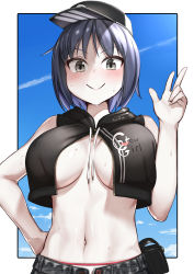 Rule 34 | 1girl, absurdres, arm behind back, black eyes, black hat, black jacket, black shorts, blue hair, blue sky, blush, border, breasts, closed mouth, clothes writing, cloud, colored skin, commentary request, cookie (touhou), crop top, dark blue hair, hat, highres, jacket, looking at viewer, medium breasts, midriff, milk (cookie), murasa minamitsu, navel, no bra, outdoors, outside border, panties, panty peek, pouch, shiny skin, short hair, shorts, sinzen, sky, smile, solo, touhou, underwear, upper body, white border, white panties, white skin, zipper, zipper pull tab