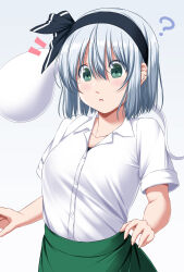 Rule 34 | 1girl, :o, ?, black hairband, black undershirt, breasts, collarbone, commentary request, dress shirt, gradient background, green eyes, green skirt, grey background, hair between eyes, hairband, highres, konpaku youmu, konpaku youmu (ghost), medium breasts, nori tamago, open mouth, shirt, short hair, short sleeves, simple background, skirt, solo, touhou, white hair, white shirt