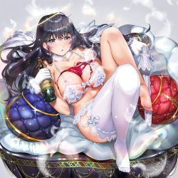 Rule 34 | 1girl, alcohol, angel, angel wings, bad feet, barefoot, black hair, bottle, bra, breasts, cleavage, covered erect nipples, cup, cushion, drinking glass, earrings, garter straps, gloves, grey eyes, hair between eyes, jewelry, kanojo (ogino atsuki), large breasts, legs, lingerie, long hair, lying, navel, necklace, on back, original, panties, single thighhigh, spill, stomach, thighhighs, unworn thighhighs, underwear, white bra, white gloves, white panties, white thighhighs, wine, wine bottle, wine glass, wings, yanyo (ogino atsuki)