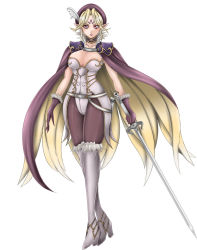 Rule 34 | 1041 (toshikazu), 1girl, beret, boots, breasts, cape, cleavage, elf, facial mark, forehead mark, hat, pantyhose, pointy ears, purple eyes, scheherazade, solo, soul calibur, soulcalibur, soulcalibur iv, sword, thighhighs, weapon