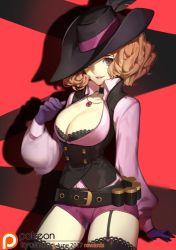 Rule 34 | 10s, 1girl, belt, breasts, brown eyes, brown hair, cleavage, corset, garter straps, gloves, hat, hat feather, hat over one eye, jewelry, large breasts, looking at viewer, necklace, okumura haru, parted lips, patreon username, persona, persona 5, purple gloves, shadow, short hair, shorts, smile, solo, songjikyo, thighhighs